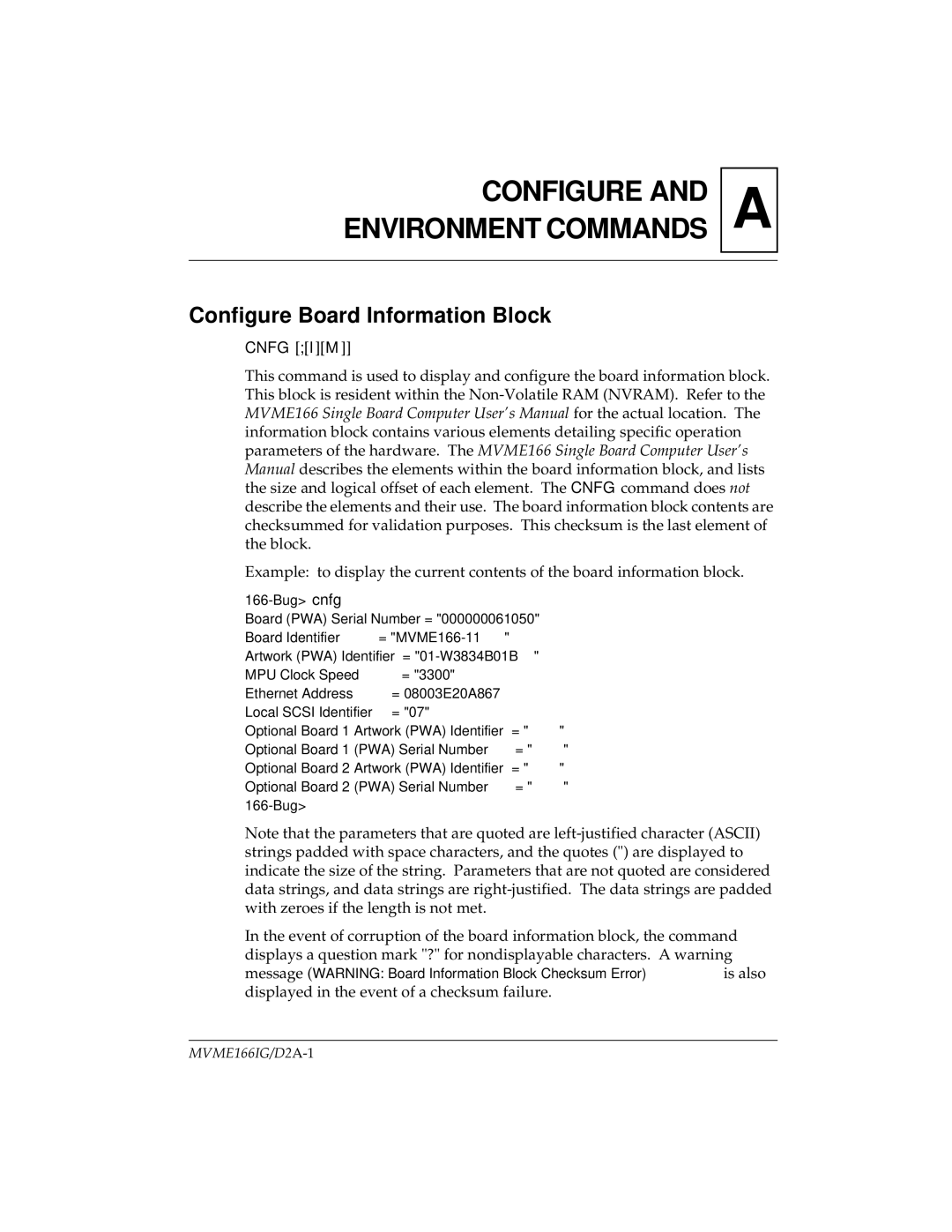 Motorola MVME166IG/D2, MVME166D2 manual Configure and Environment Commands, Configure Board Information Block 