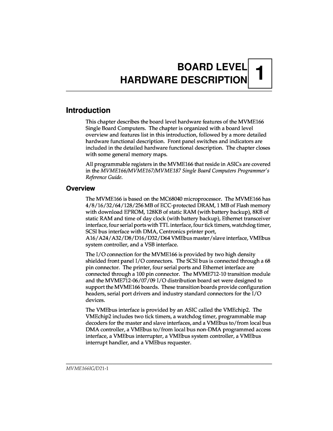 Motorola MVME166IG/D2, MVME166D2 manual Board Level Hardware Description, Introduction, Overview 