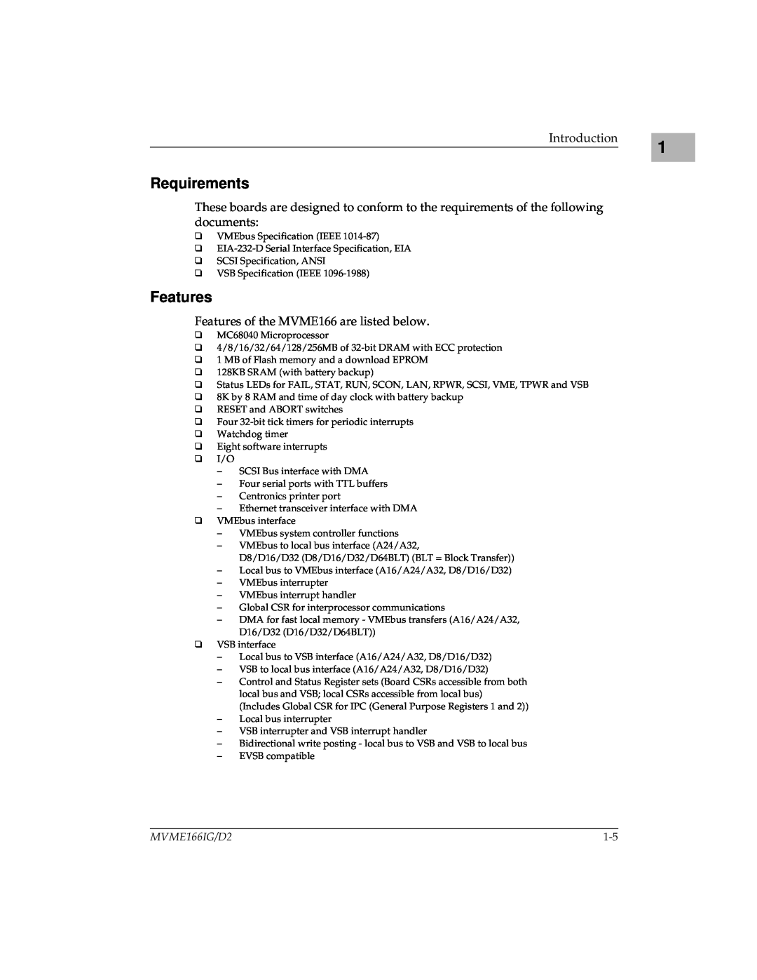 Motorola MVME166D2 manual Requirements, Features, MVME166IG/D2 