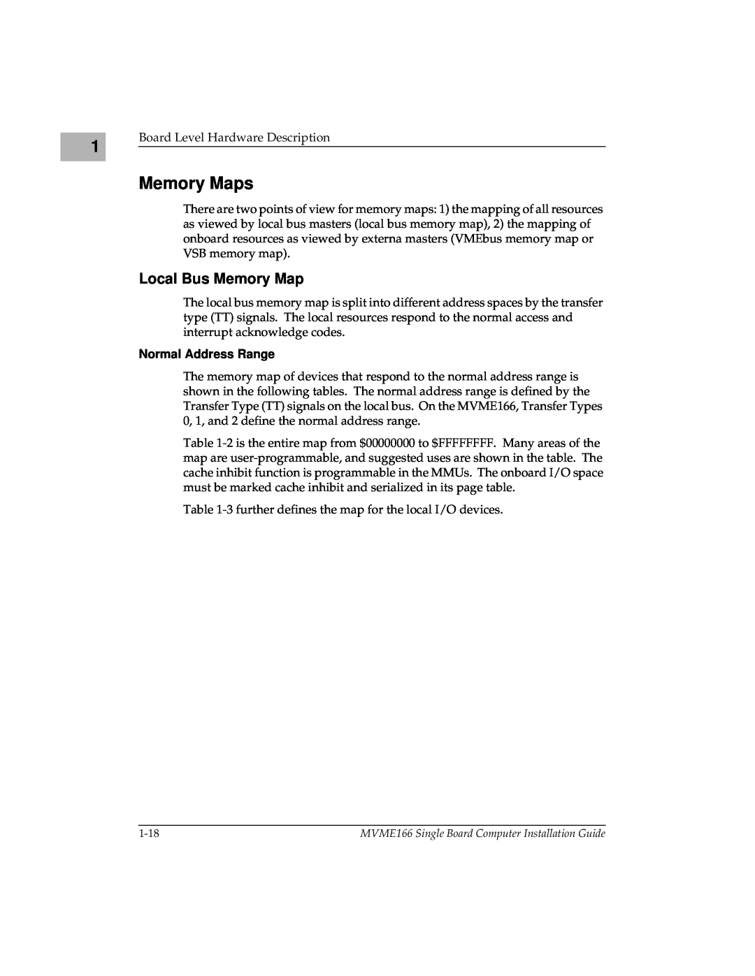 Motorola MVME166IG/D2, MVME166D2 manual Memory Maps, Local Bus Memory Map, Normal Address Range 