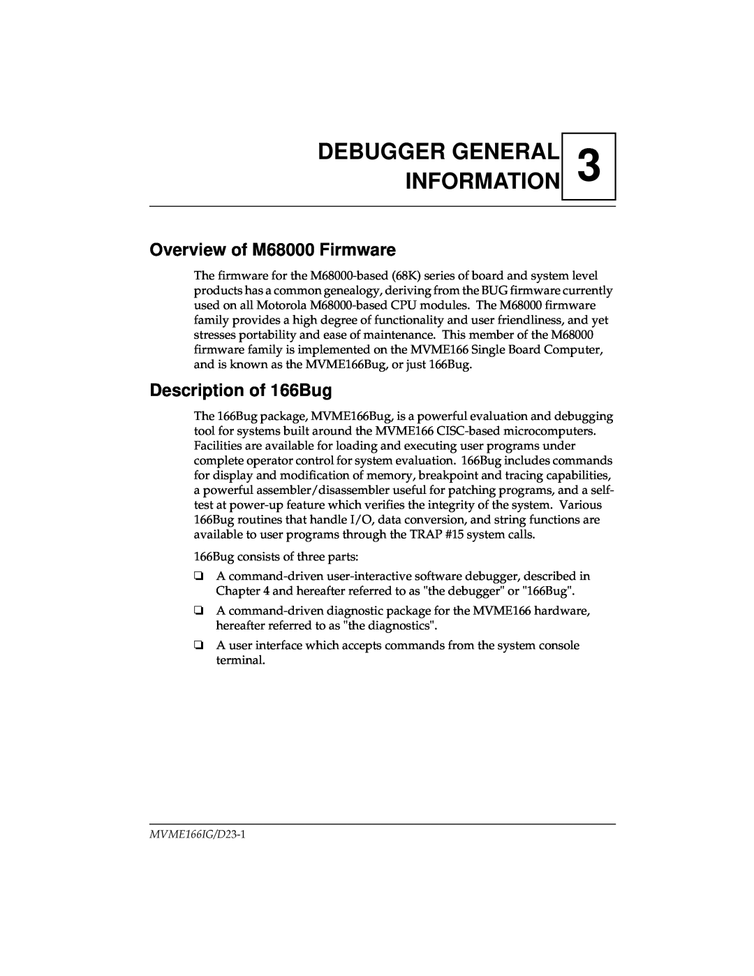 Motorola MVME166IG/D2, MVME166D2 manual Debugger General Information, Overview of M68000 Firmware, Description of 166Bug 