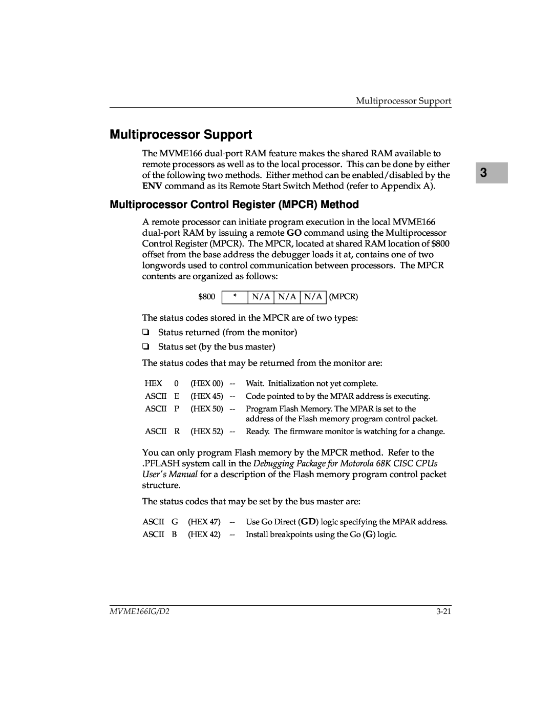 Motorola MVME166D2, MVME166IG/D2 manual Multiprocessor Support, Multiprocessor Control Register MPCR Method 