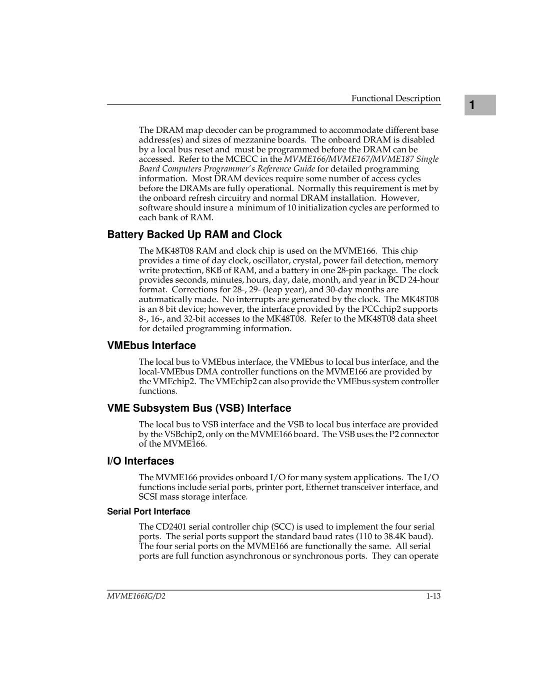 Motorola MVME166IG/D2 manual Battery Backed Up RAM and Clock, VMEbus Interface, VME Subsystem Bus VSB Interface, Interfaces 