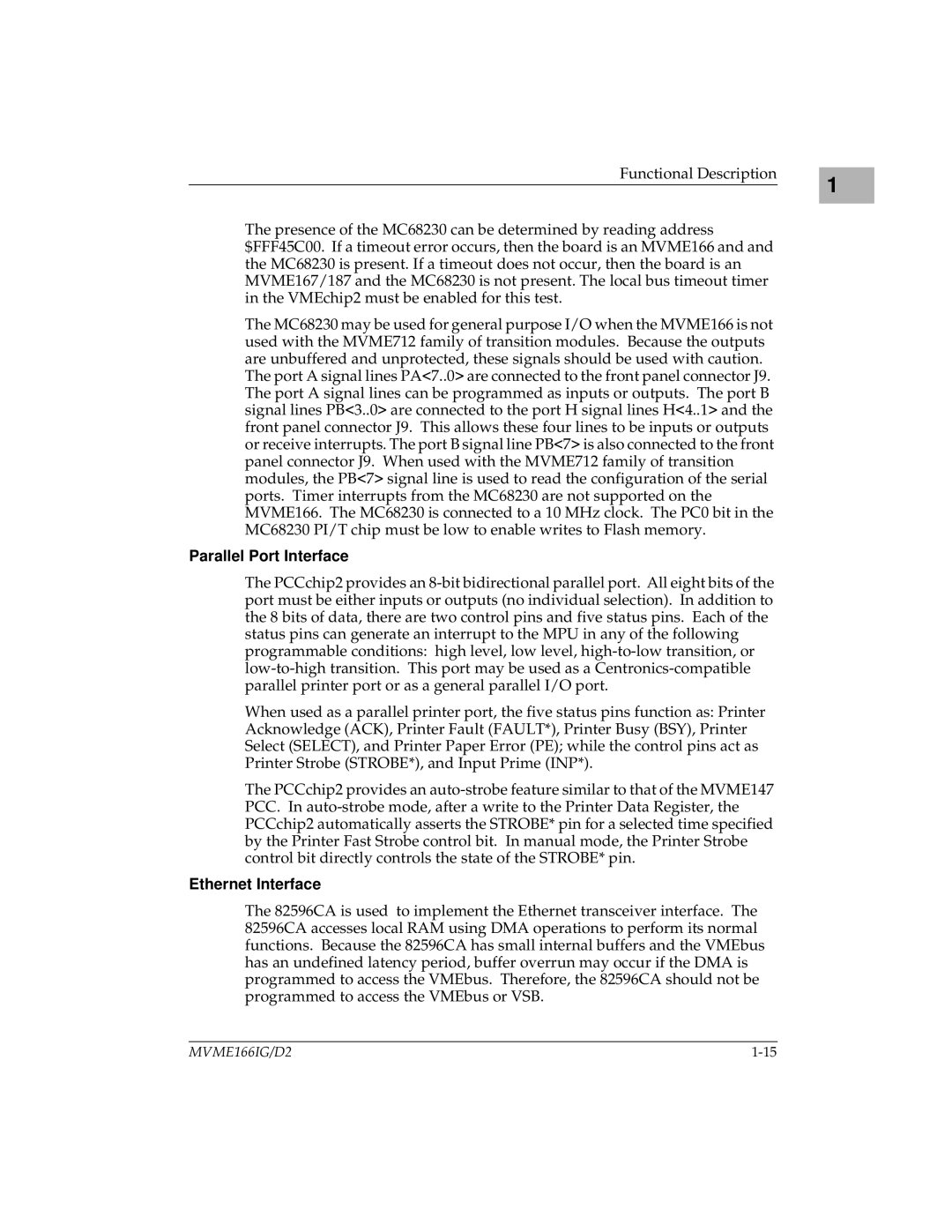 Motorola MVME166IG/D2 manual Parallel Port Interface, Ethernet Interface 