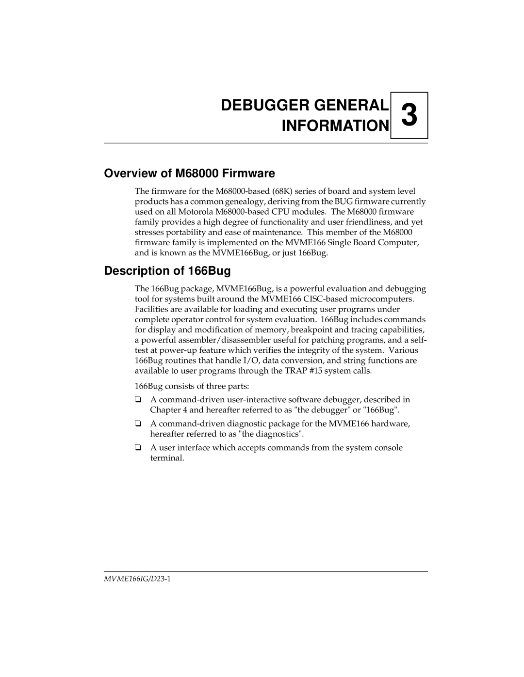 Motorola MVME166IG/D2 manual Overview of M68000 Firmware, Description of 166Bug 