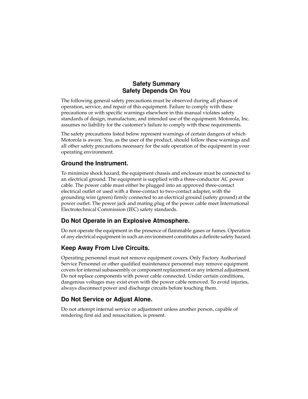 Motorola MVME166IG/D2 manual Safety Summary Safety Depends On You, Ground the Instrument, Keep Away From Live Circuits 