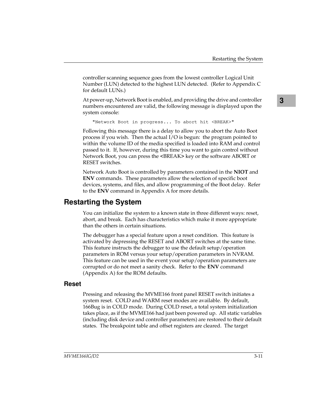 Motorola MVME166IG/D2 manual Restarting the System, Reset 