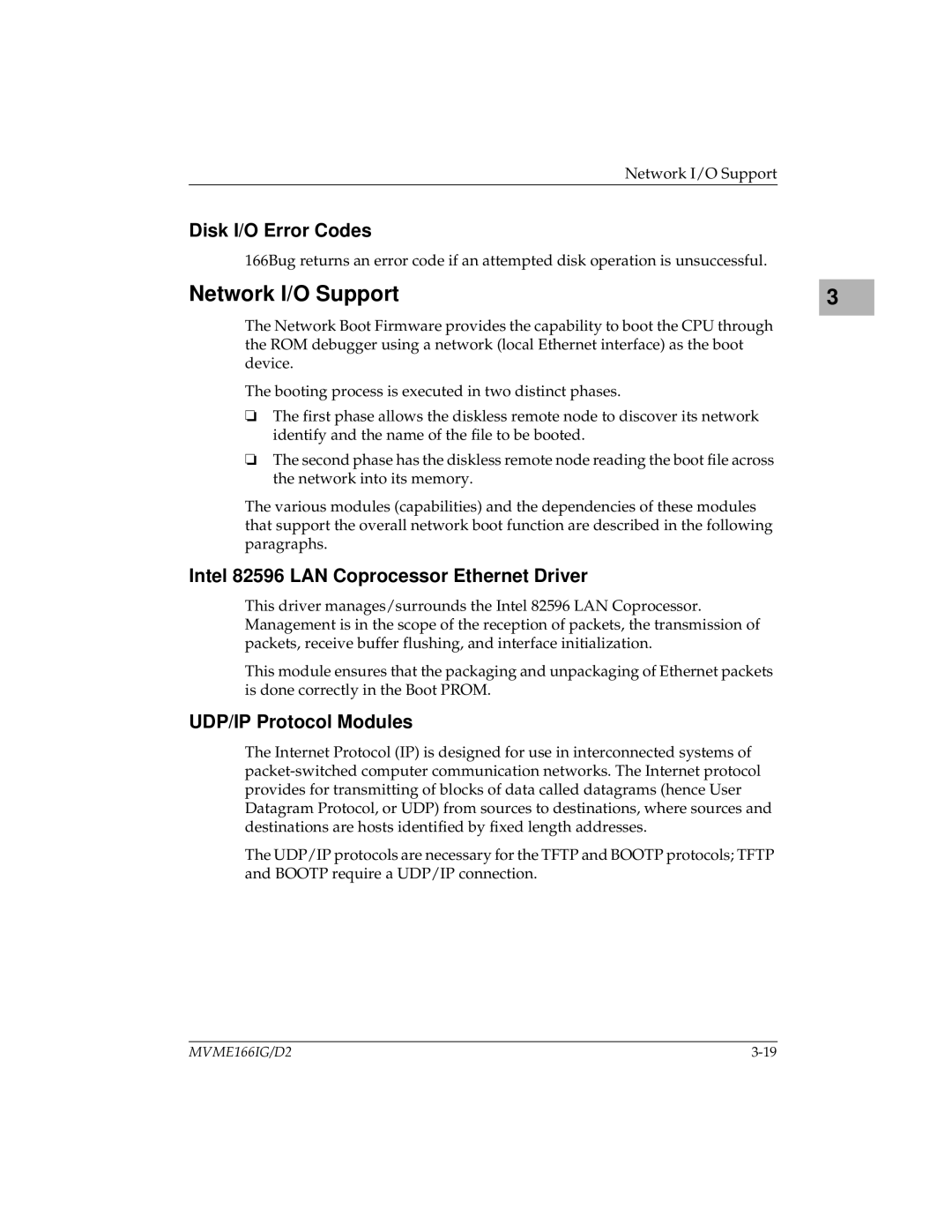 Motorola MVME166IG/D2 manual Network I/O Support, Disk I/O Error Codes, Intel 82596 LAN Coprocessor Ethernet Driver 