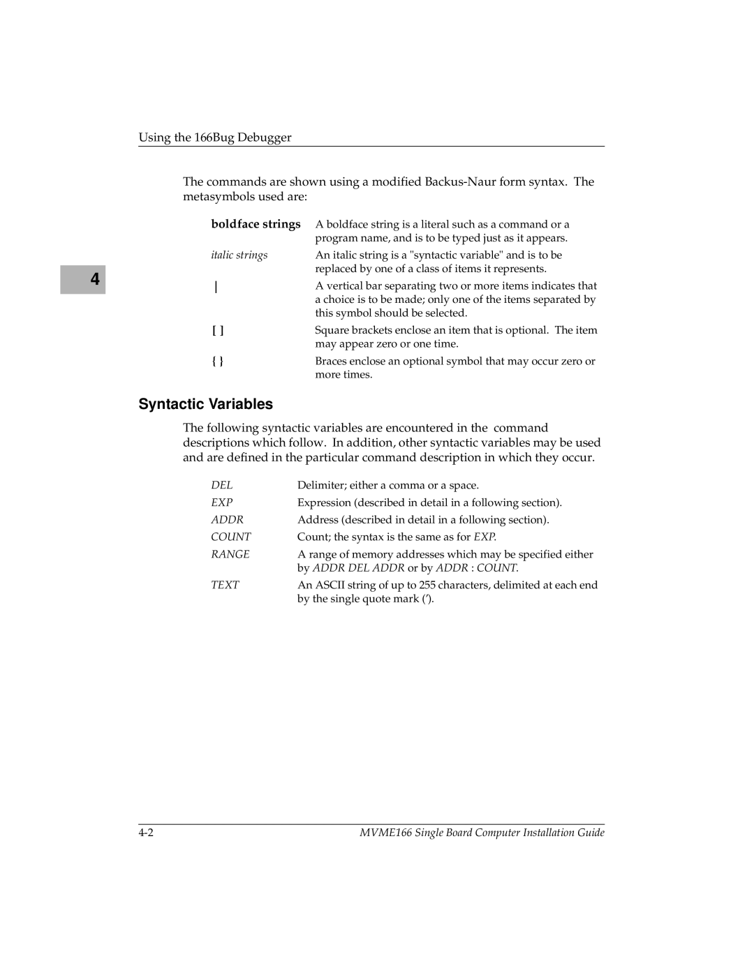 Motorola MVME166IG/D2 manual Syntactic Variables, Italic strings 