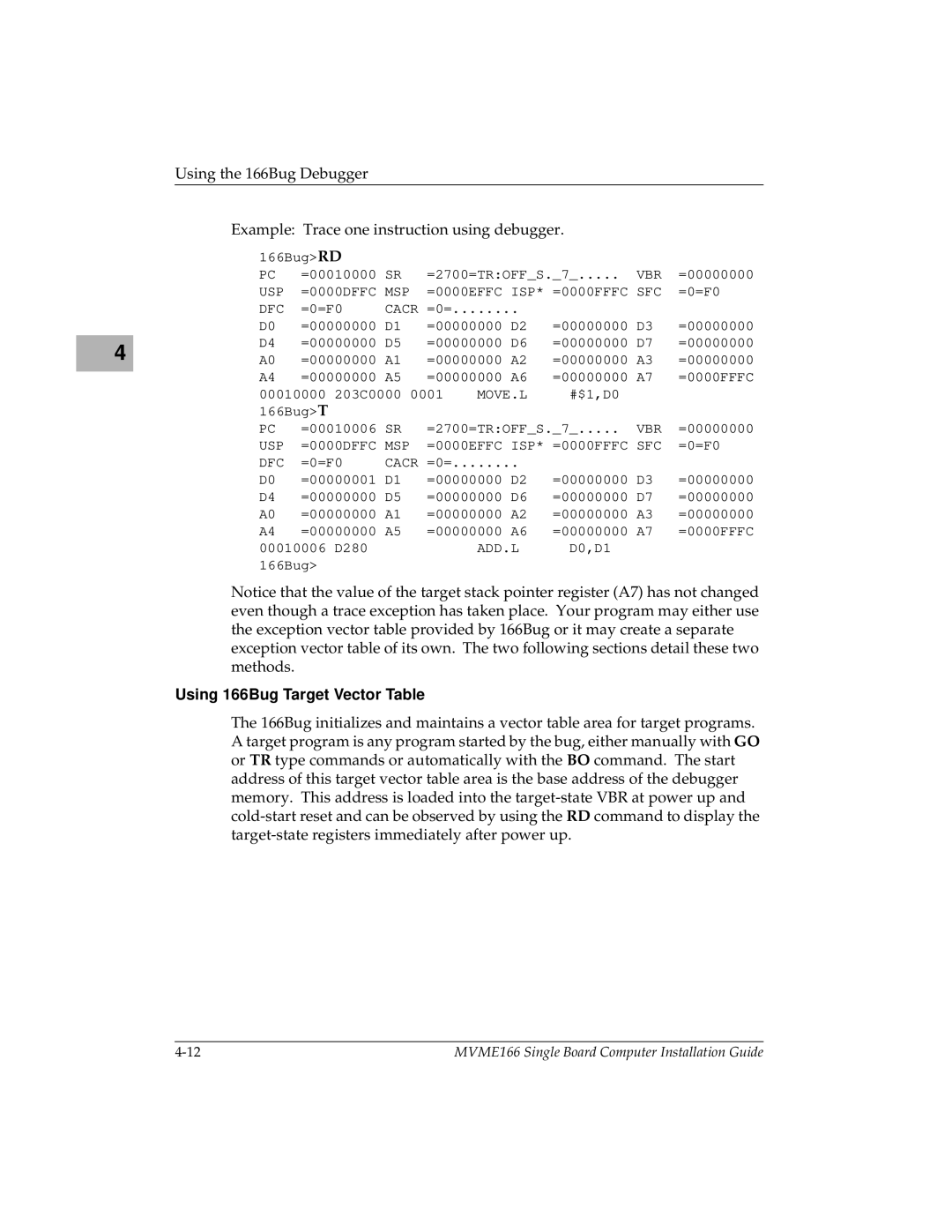 Motorola MVME166IG/D2 manual Using 166Bug Target Vector Table 