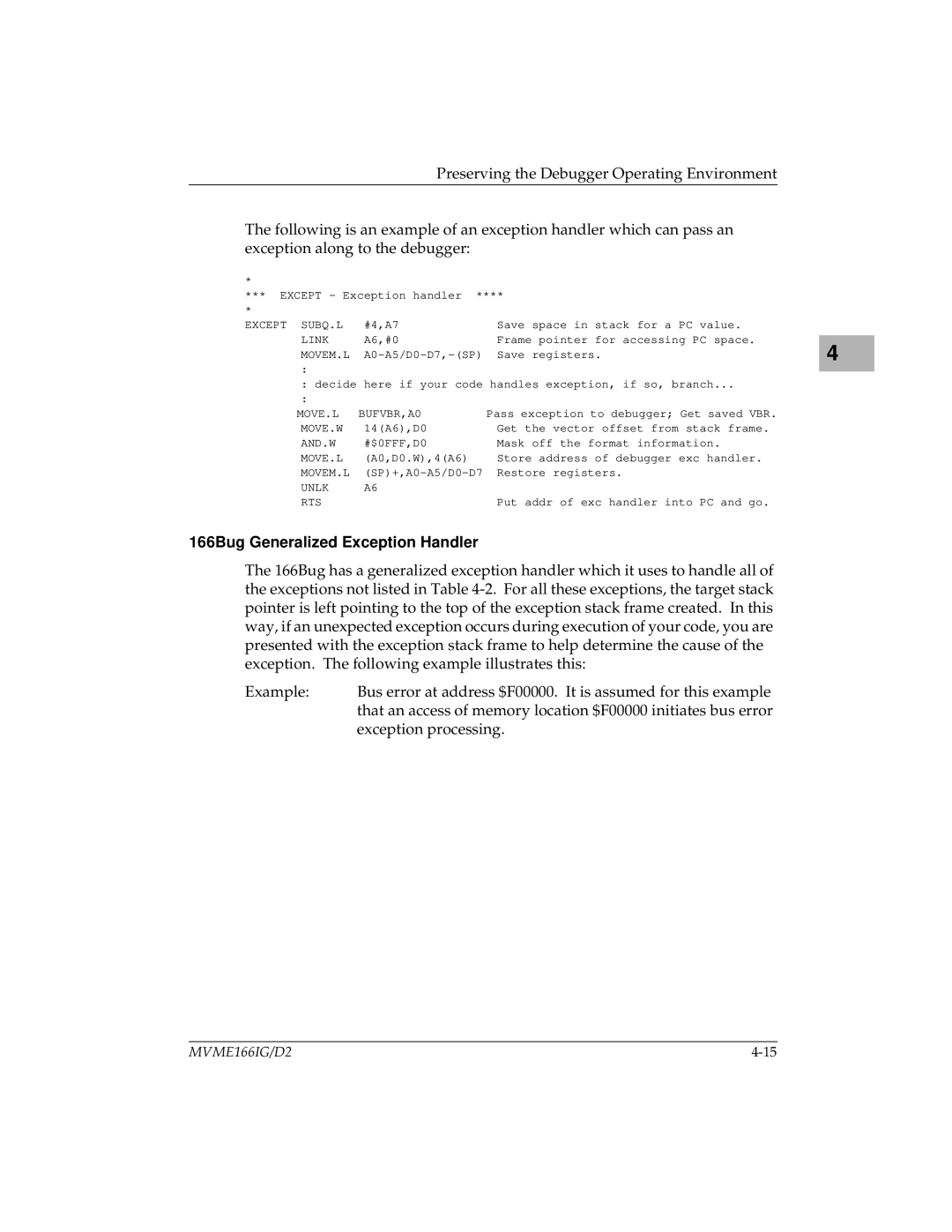Motorola MVME166IG/D2 manual 166Bug Generalized Exception Handler 