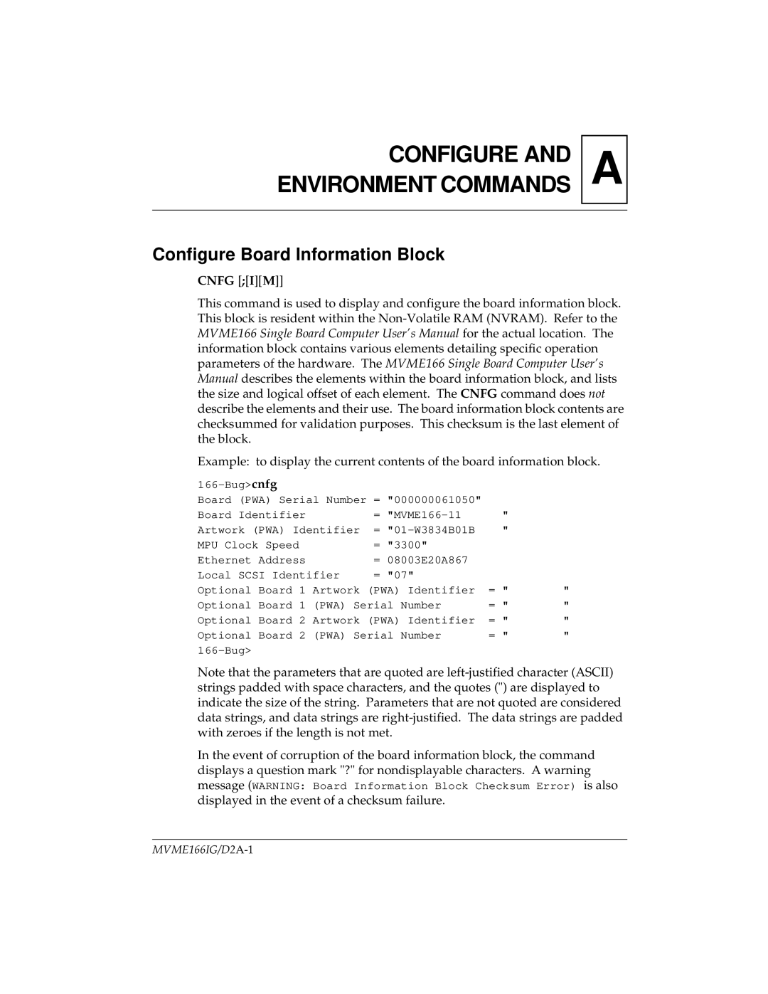 Motorola MVME166IG/D2 manual Configure and Environment Commands, Configure Board Information Block 