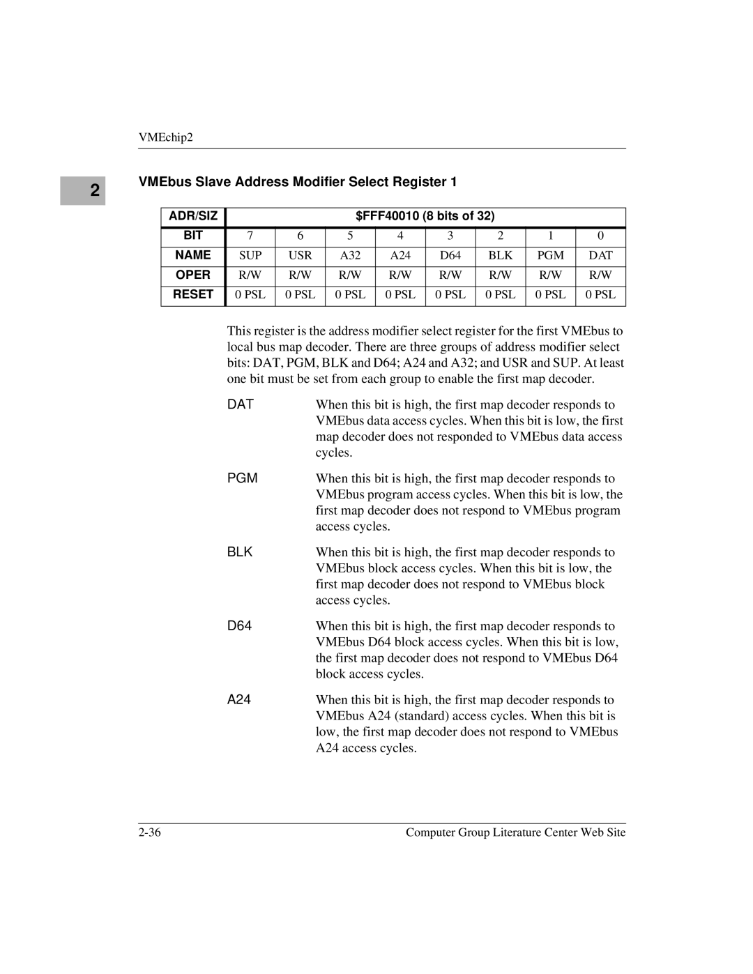 Motorola MVME172 When this bit is high, the first map decoder responds to, Cycles, Block access cycles, A24 access cycles 