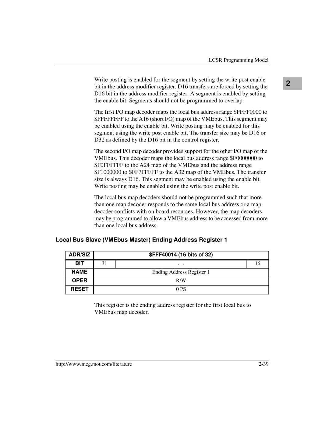 Motorola MVME172 manual Local Bus Slave VMEbus Master Ending Address Register 