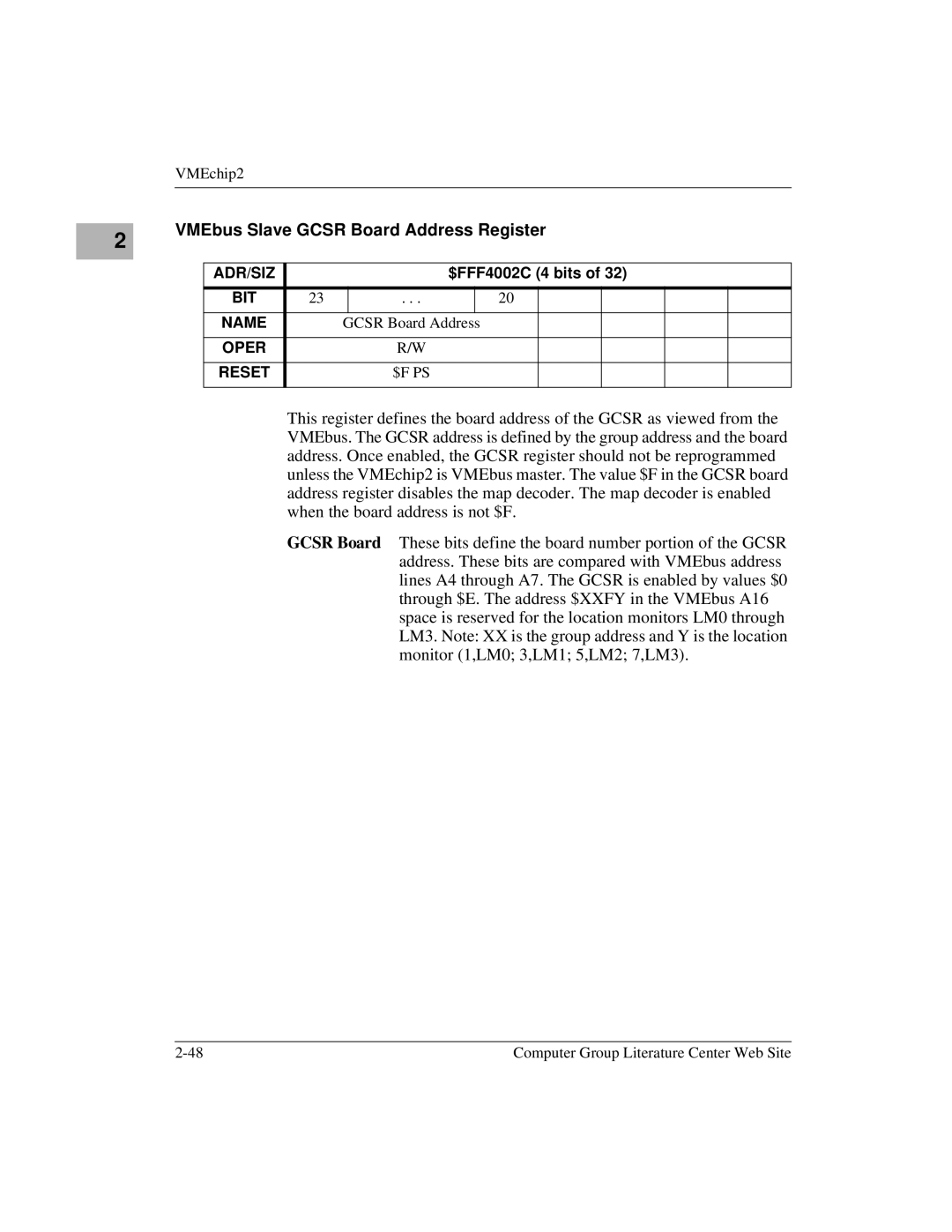 Motorola MVME172 manual VMEbus Slave Gcsr Board Address Register 