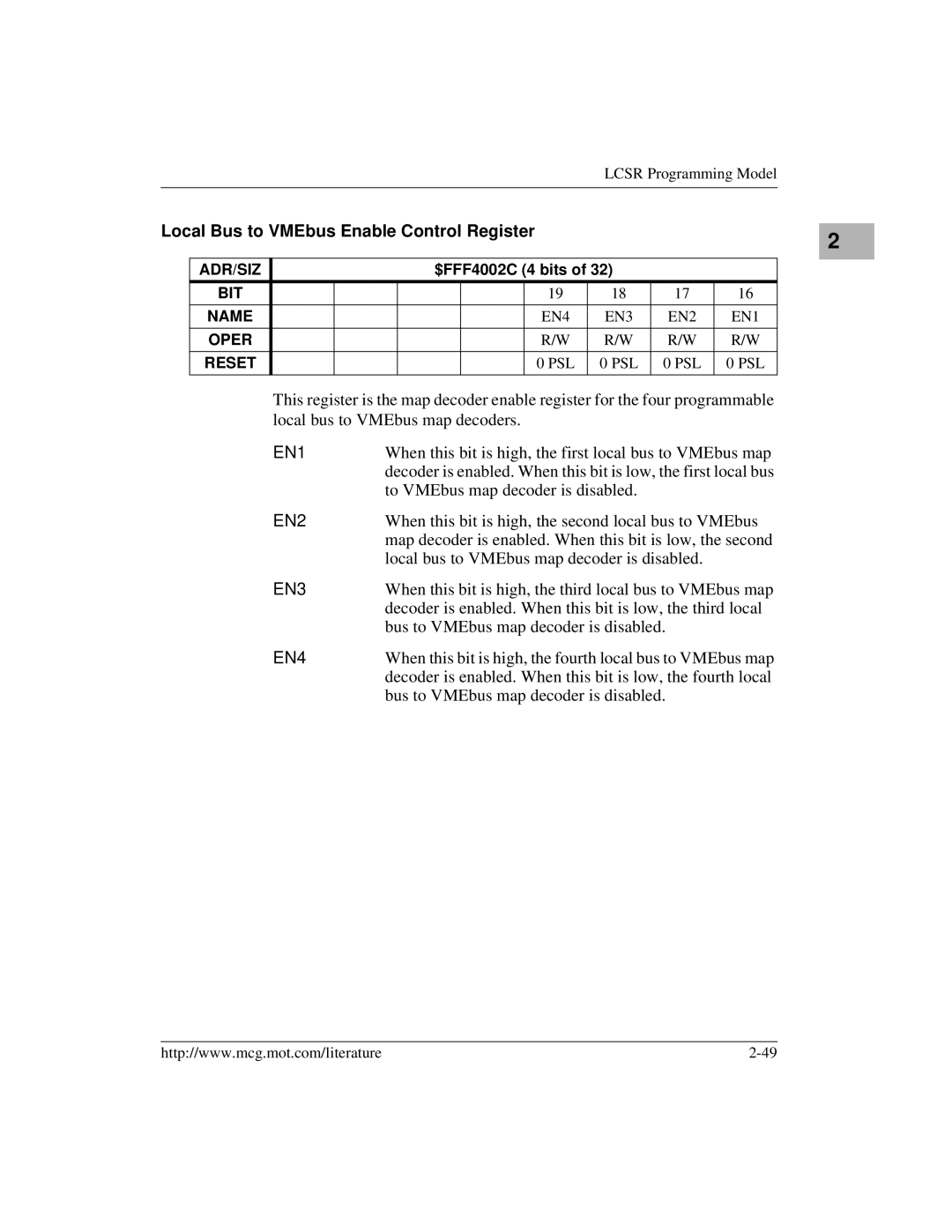 Motorola MVME172 manual Local Bus to VMEbus Enable Control Register, EN1, EN2, EN3, EN4 