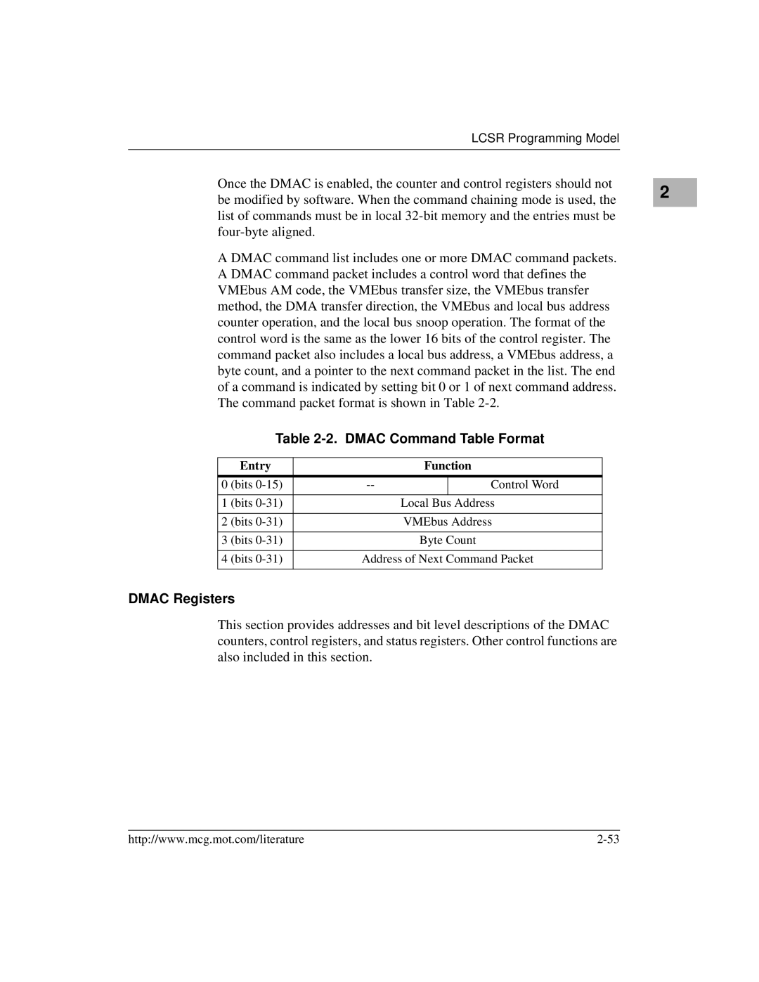 Motorola MVME172 manual Dmac Command Table Format, Dmac Registers, Entry Function 