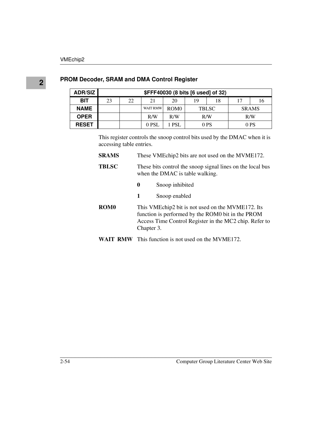 Motorola MVME172 manual Prom Decoder, Sram and DMA Control Register, Srams, Tblsc, ROM0 