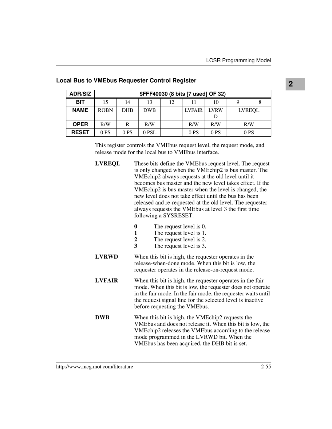 Motorola MVME172 manual Local Bus to VMEbus Requester Control Register, Lvreql, Lvrwd, Lvfair, Dwb 