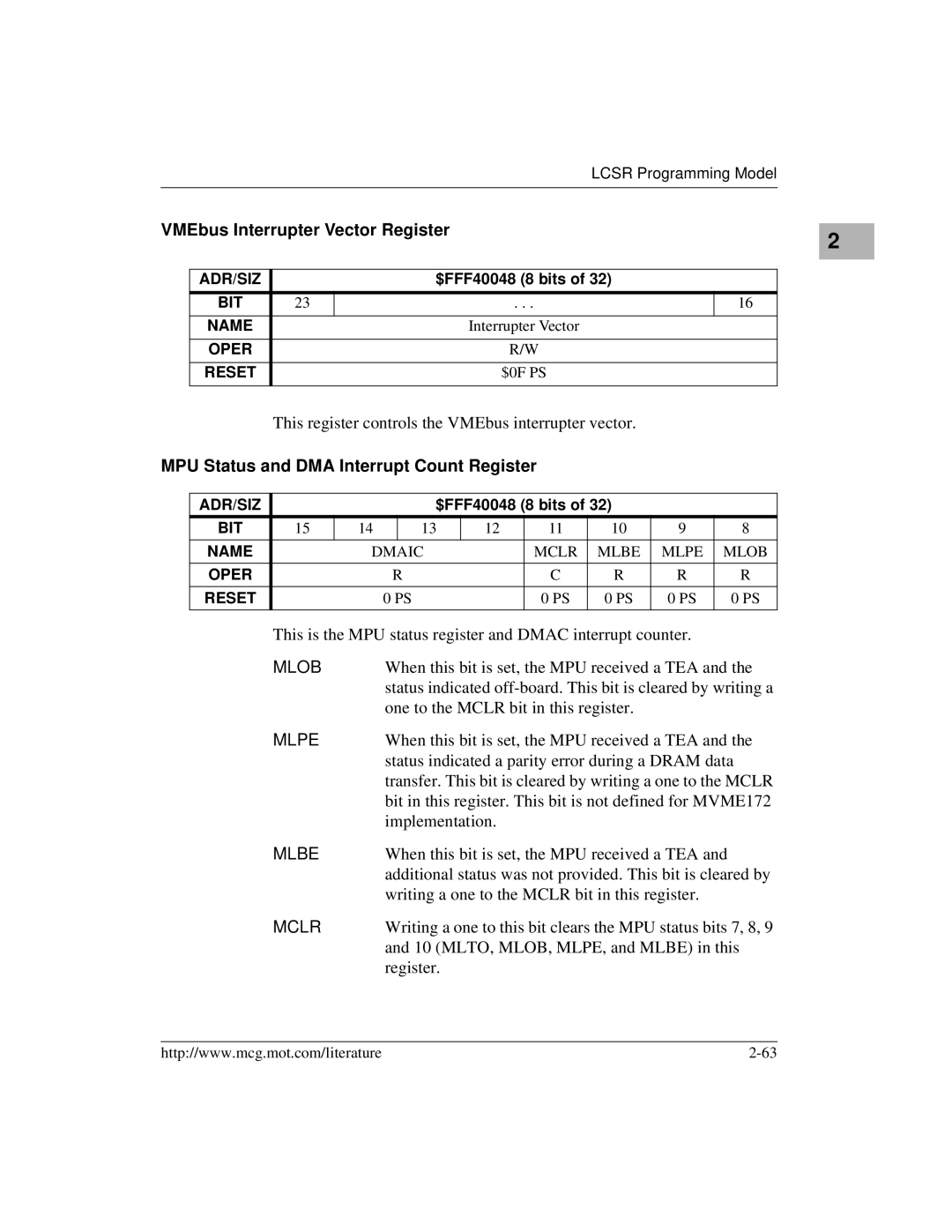 Motorola MVME172 manual VMEbus Interrupter Vector Register, MPU Status and DMA Interrupt Count Register 