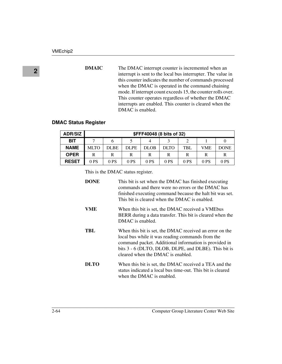 Motorola MVME172 manual Dmac Status Register, Done, Vme, Tbl, Dlto 