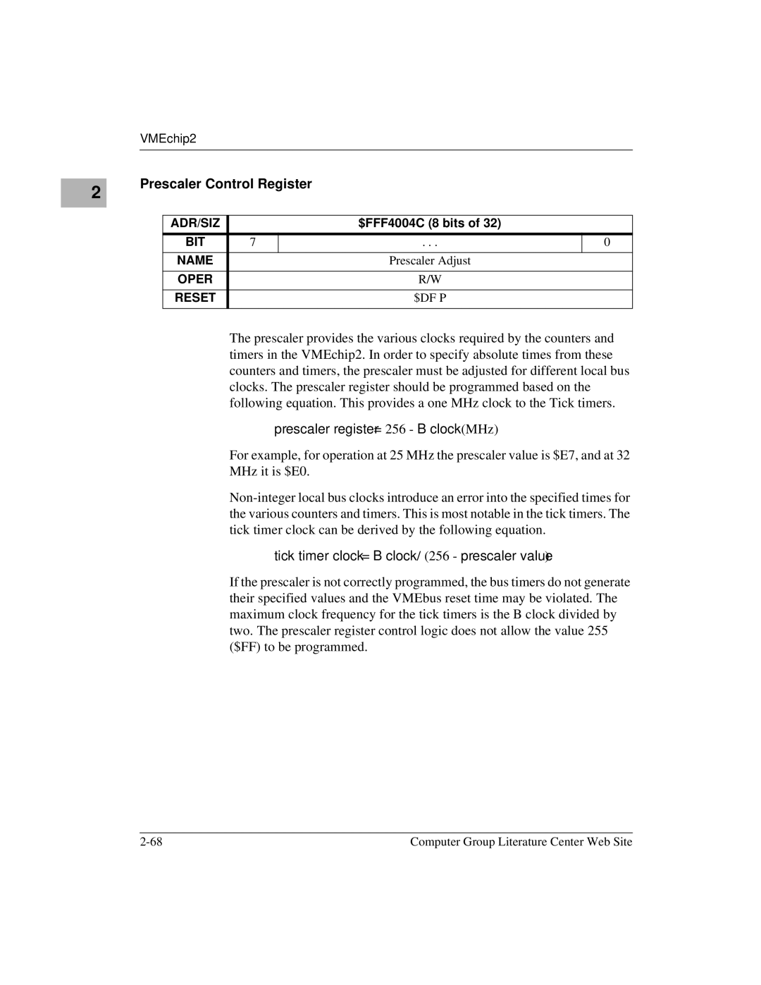 Motorola MVME172 manual Prescaler Control Register, Prescaler register = 256 B clock MHz 