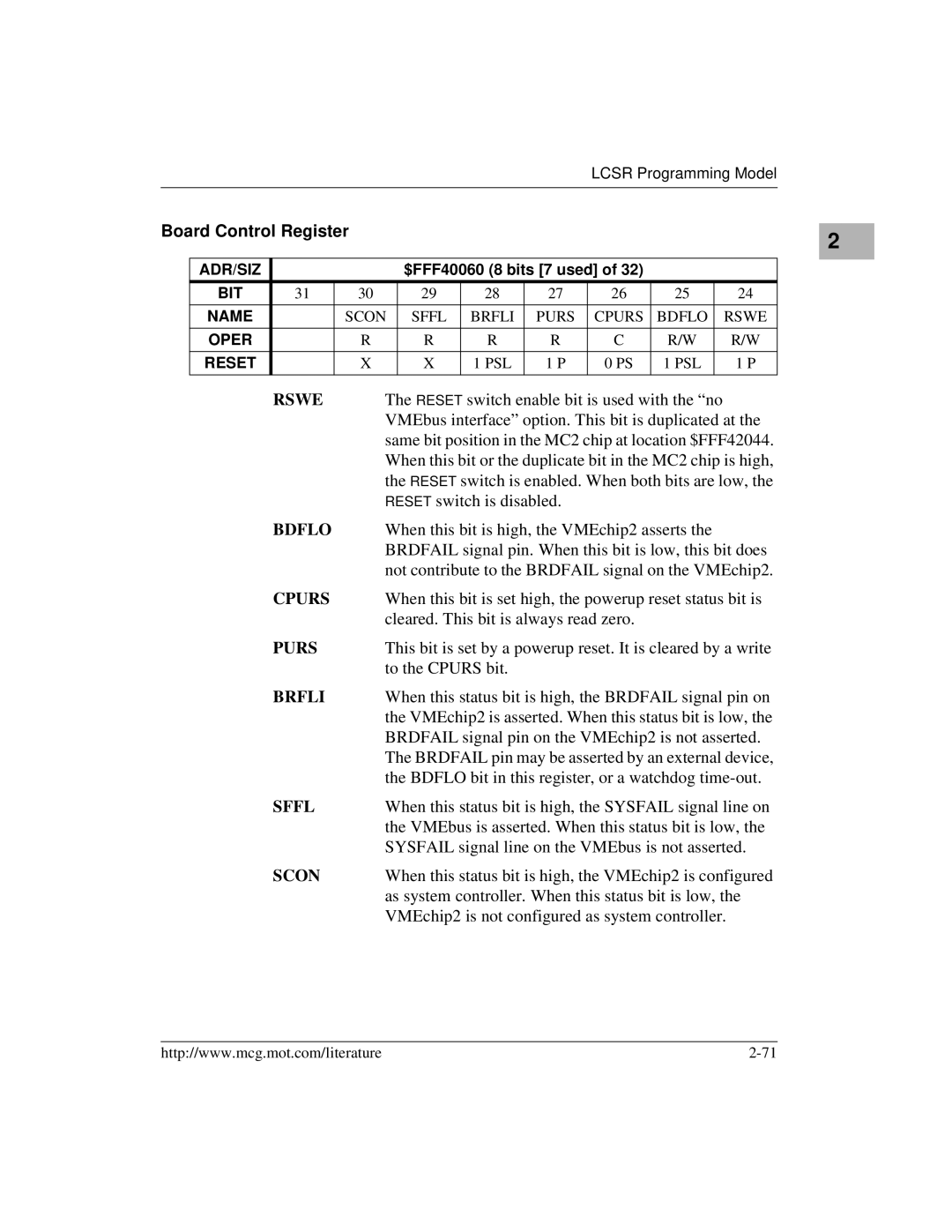 Motorola MVME172 manual Board Control Register 