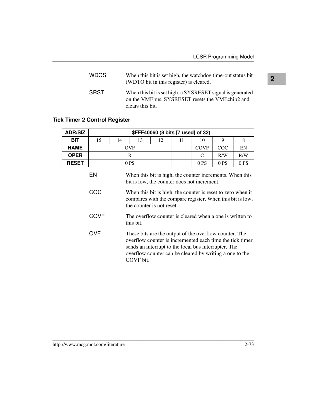 Motorola MVME172 manual Tick Timer 2 Control Register 