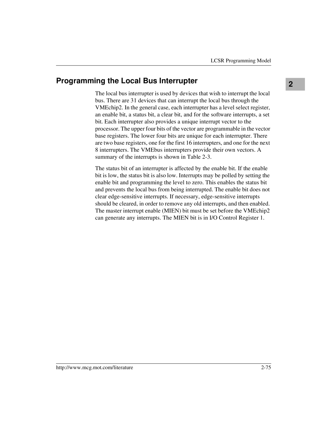 Motorola MVME172 manual Programming the Local Bus Interrupter 