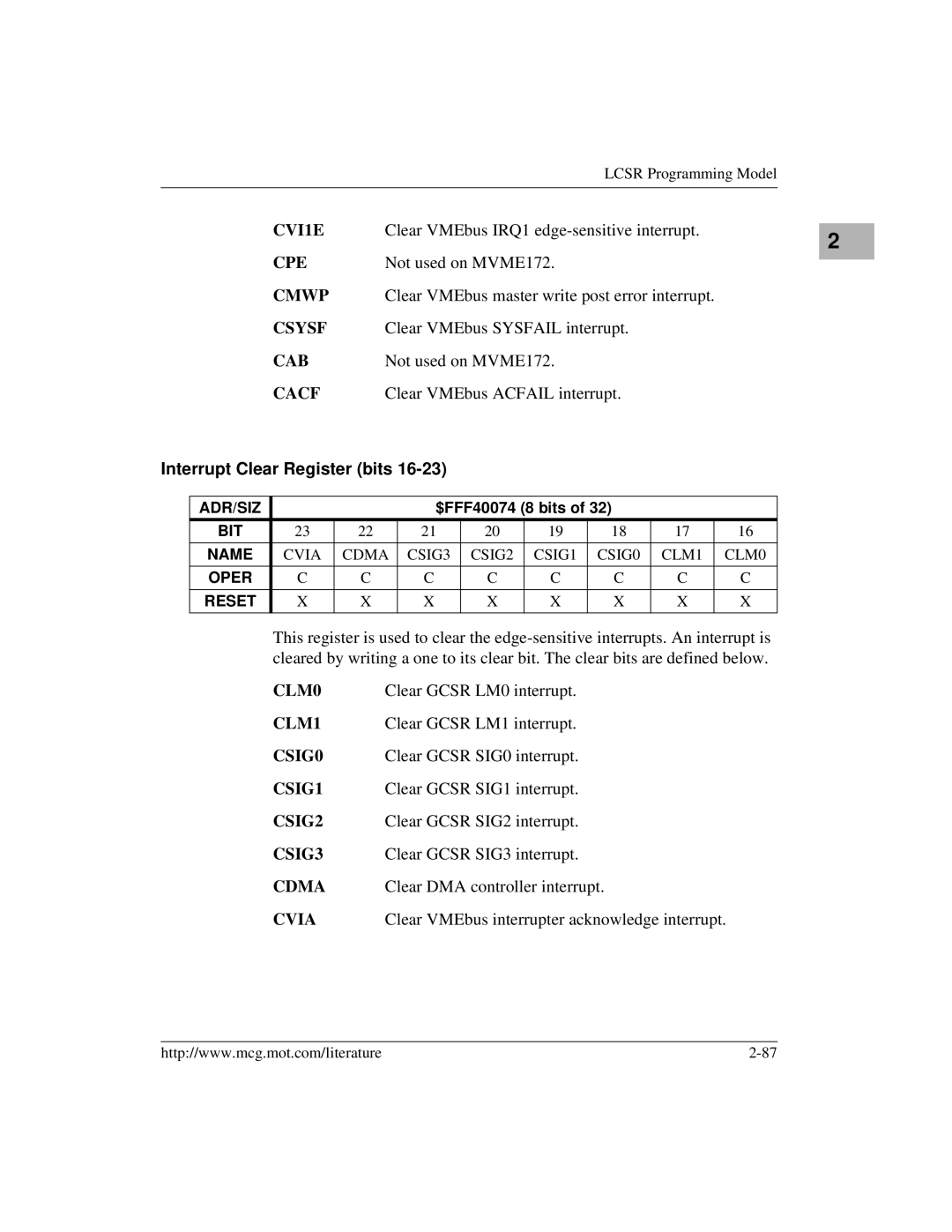 Motorola MVME172 manual Interrupt Clear Register bits 