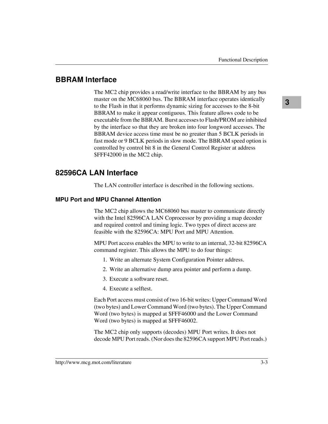 Motorola MVME172 manual Bbram Interface, 82596CA LAN Interface, MPU Port and MPU Channel Attention 