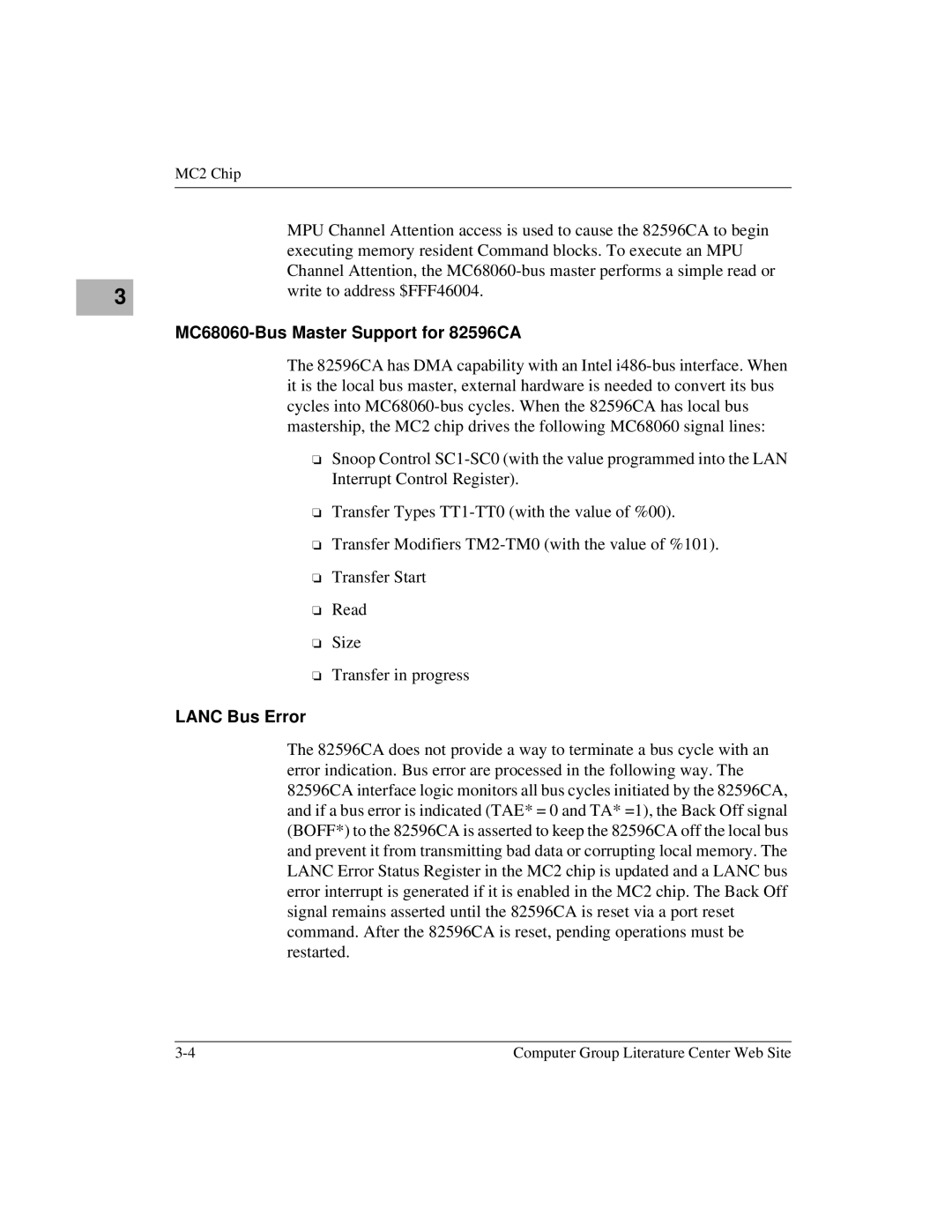 Motorola MVME172 manual MC68060-Bus Master Support for 82596CA, Lanc Bus Error 