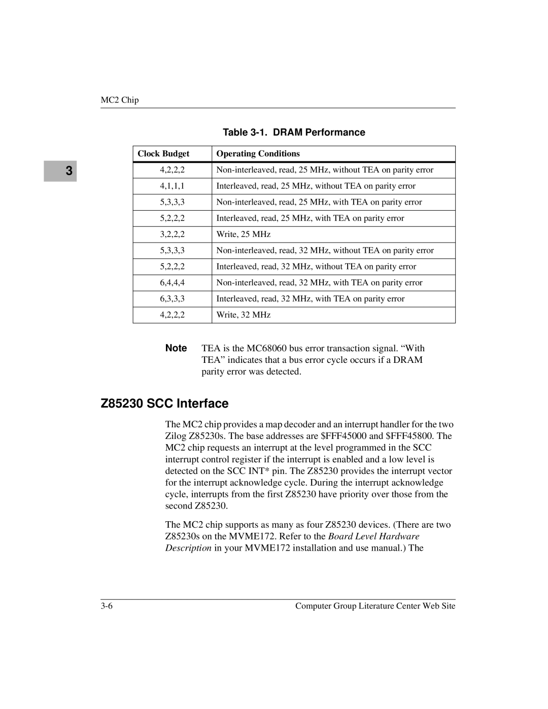 Motorola MVME172 manual Z85230 SCC Interface, Dram Performance, Clock Budget Operating Conditions 