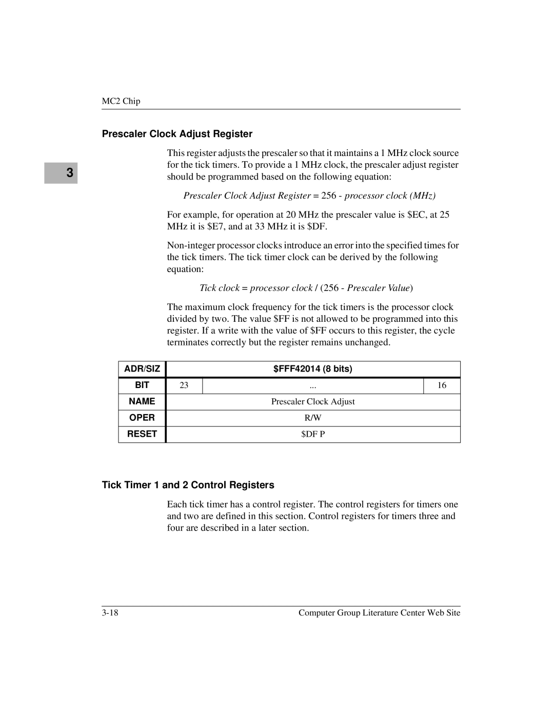 Motorola MVME172 manual Prescaler Clock Adjust Register, Tick Timer 1 and 2 Control Registers 