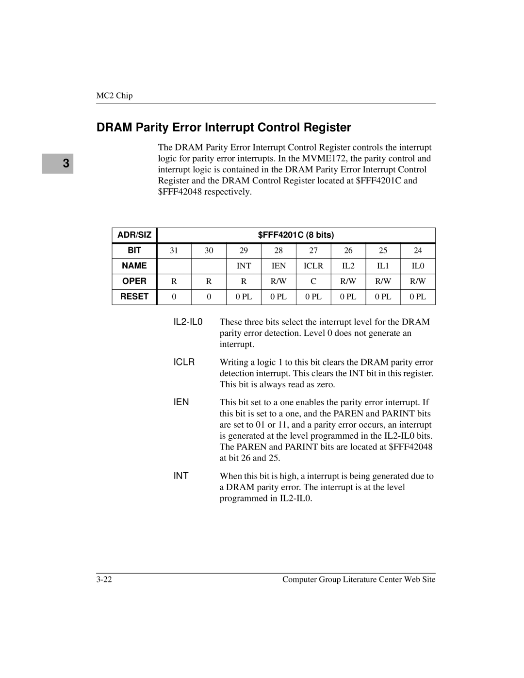 Motorola MVME172 manual Dram Parity Error Interrupt Control Register, IL2-IL0, Iclr, Ien 