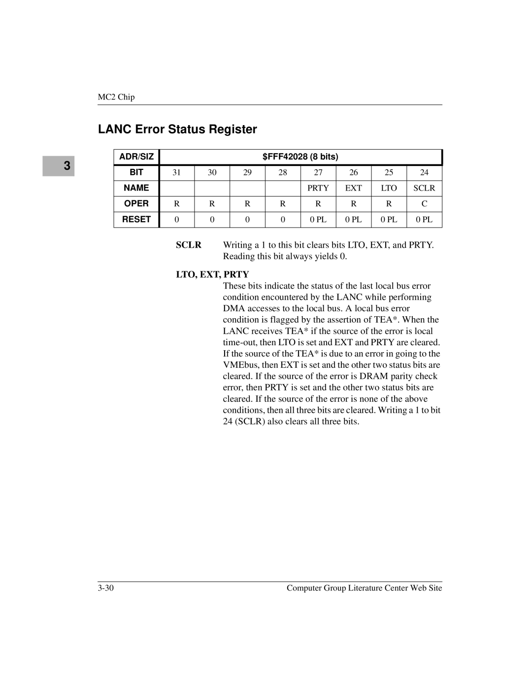 Motorola MVME172 manual Lanc Error Status Register, LTO, EXT, Prty 