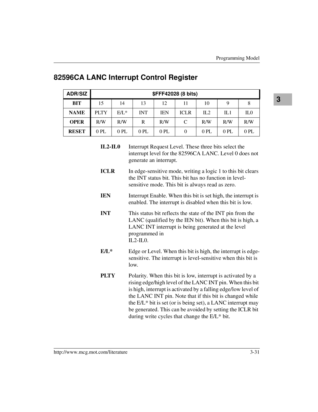 Motorola MVME172 manual 82596CA Lanc Interrupt Control Register, Plty 