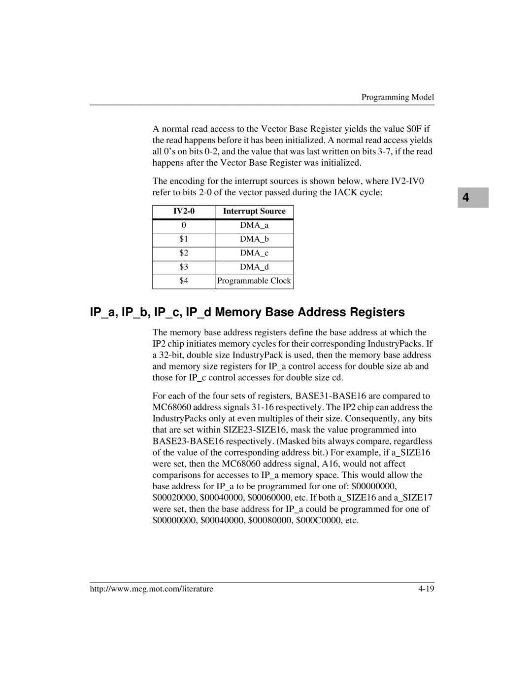 Motorola MVME172 manual IPa, IPb, IPc, IPd Memory Base Address Registers, IV2-0 Interrupt Source 