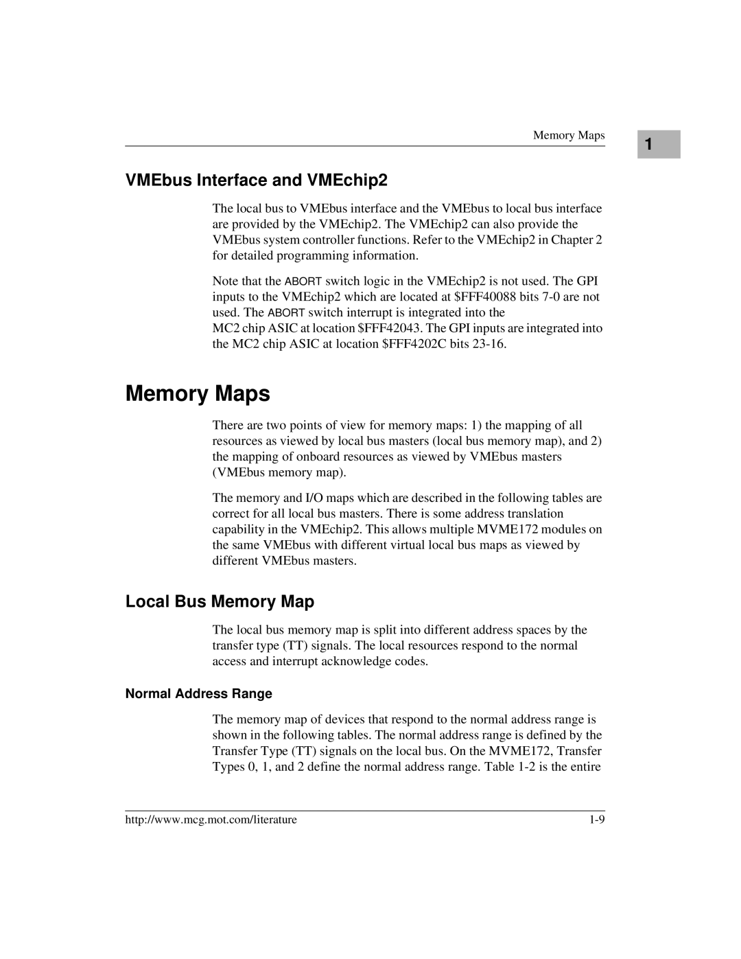 Motorola MVME172 manual Memory Maps, VMEbus Interface and VMEchip2, Local Bus Memory Map, Normal Address Range 