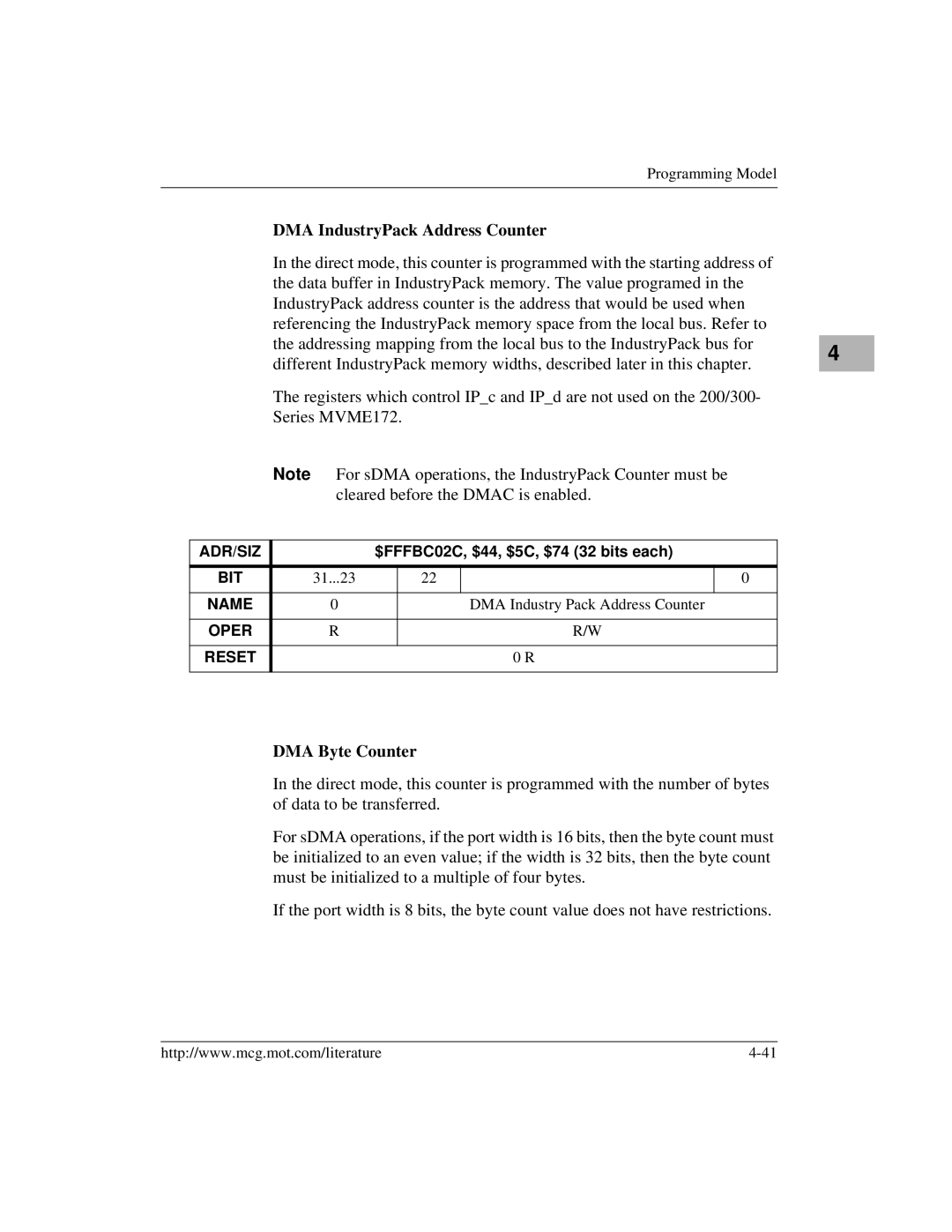 Motorola MVME172 manual DMA IndustryPack Address Counter, DMA Byte Counter 