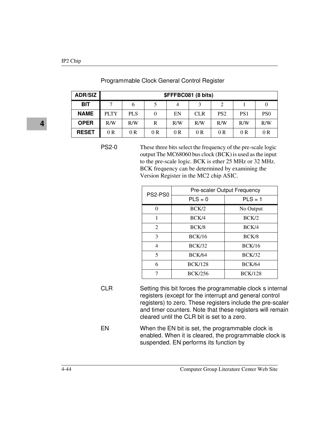 Motorola MVME172 manual Programmable Clock General Control Register, PS2-0, Clr 