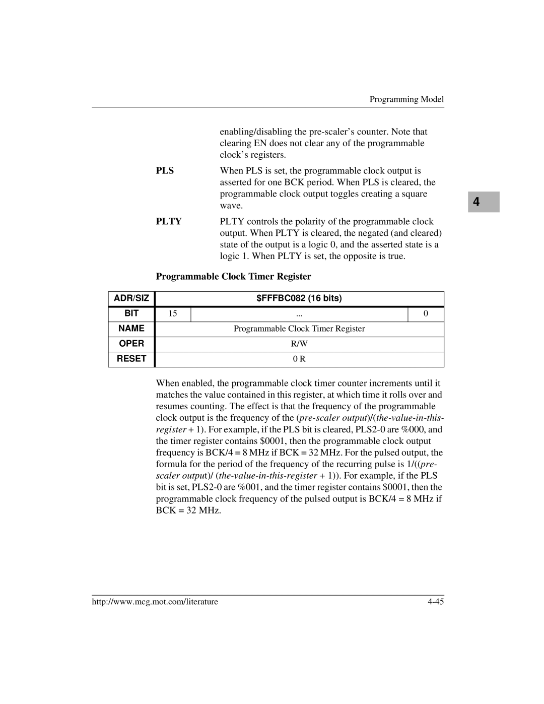 Motorola MVME172 manual Pls, Programmable Clock Timer Register 