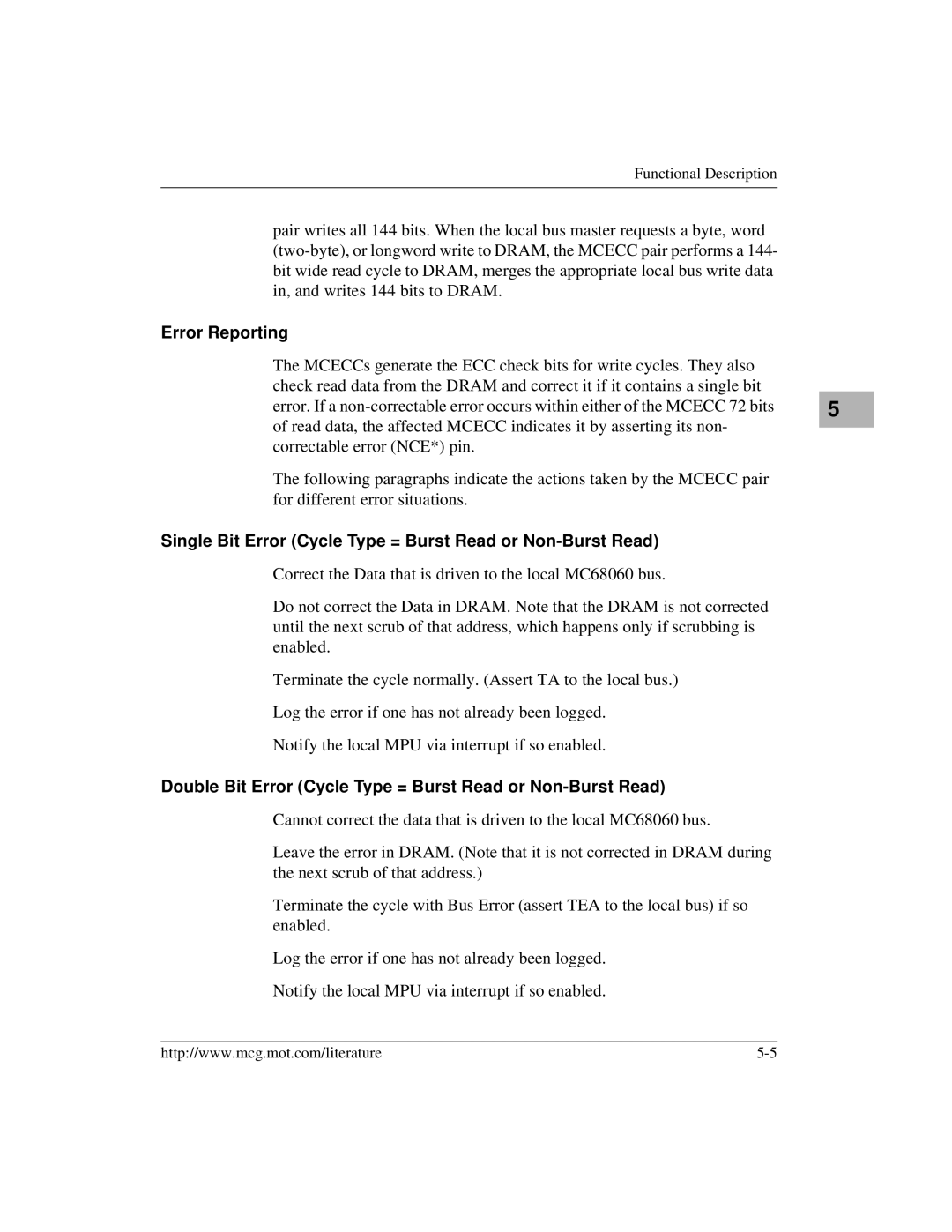 Motorola MVME172 manual Error Reporting, Single Bit Error Cycle Type = Burst Read or Non-Burst Read 