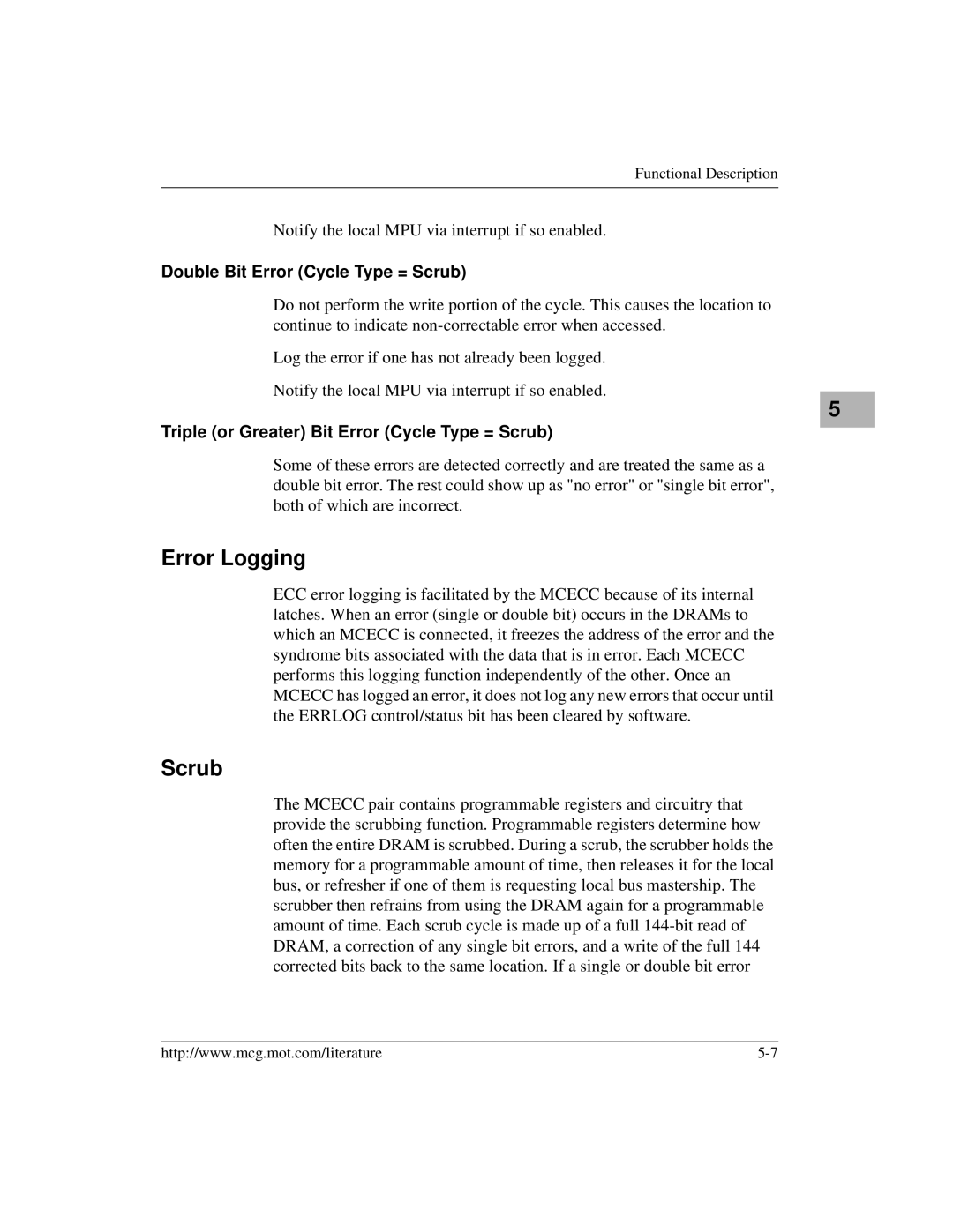 Motorola MVME172 Error Logging, Double Bit Error Cycle Type = Scrub, Triple or Greater Bit Error Cycle Type = Scrub 