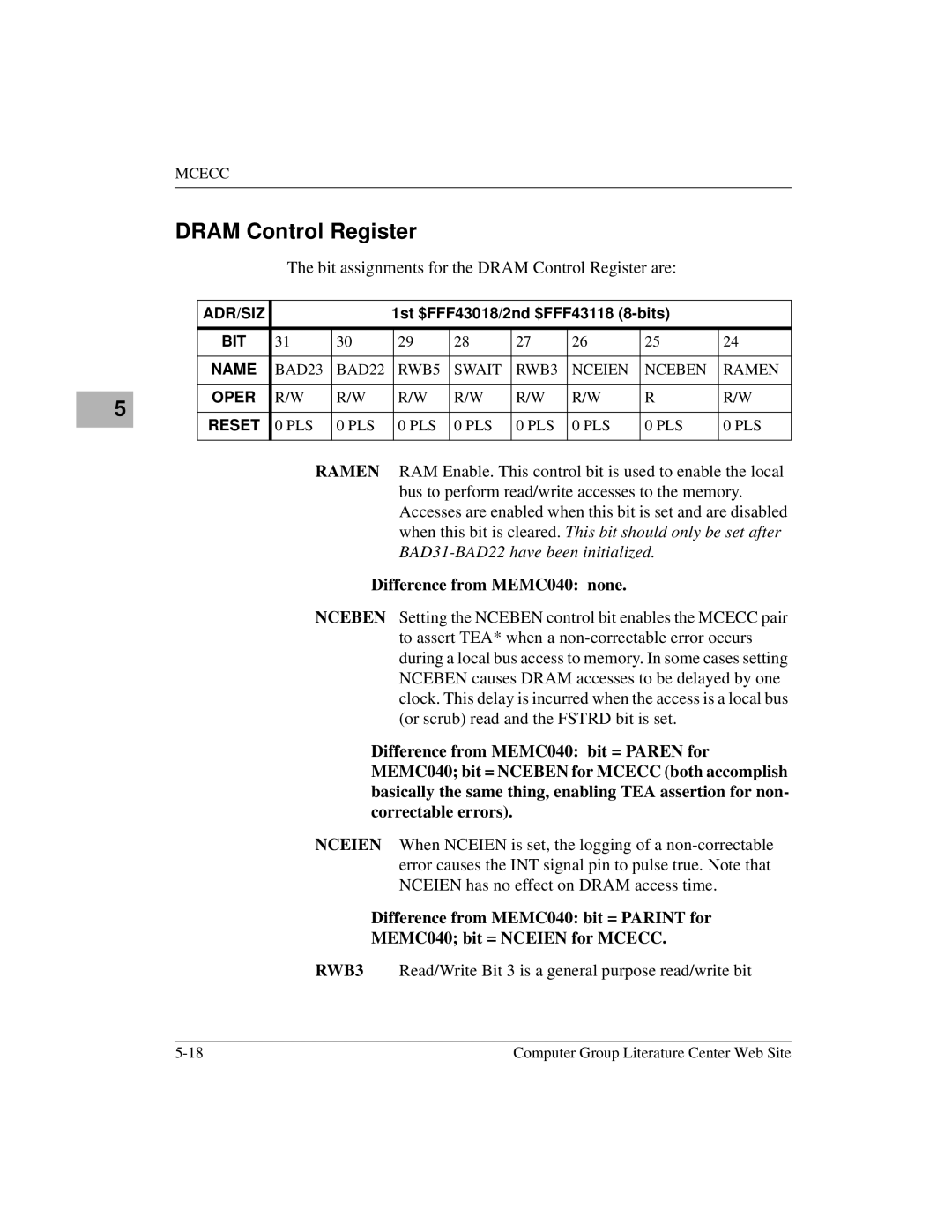 Motorola MVME172 manual Bit assignments for the Dram Control Register are 