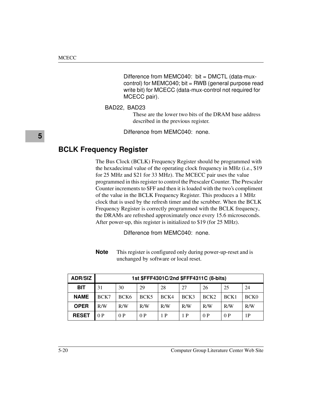 Motorola MVME172 manual Bclk Frequency Register 