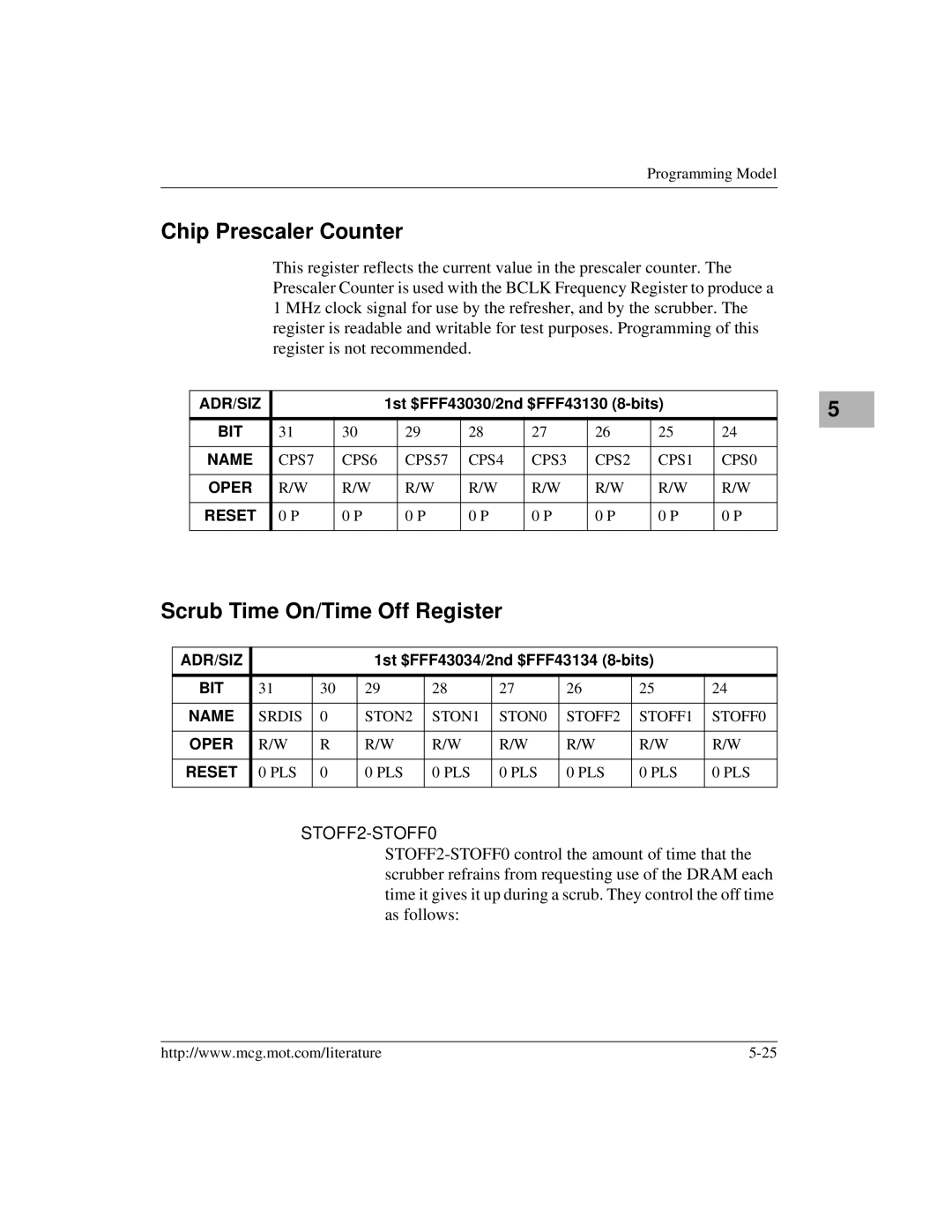 Motorola MVME172 manual Chip Prescaler Counter, Scrub Time On/Time Off Register, STOFF2-STOFF0 