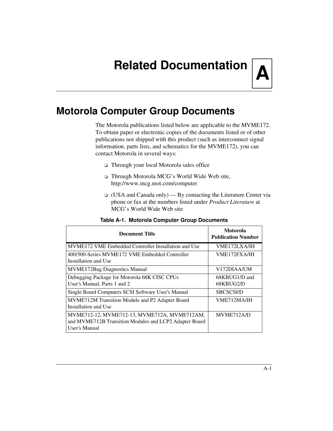 Motorola MVME172 manual Motorola Computer Group Documents, Document Title Motorola Publication Number 