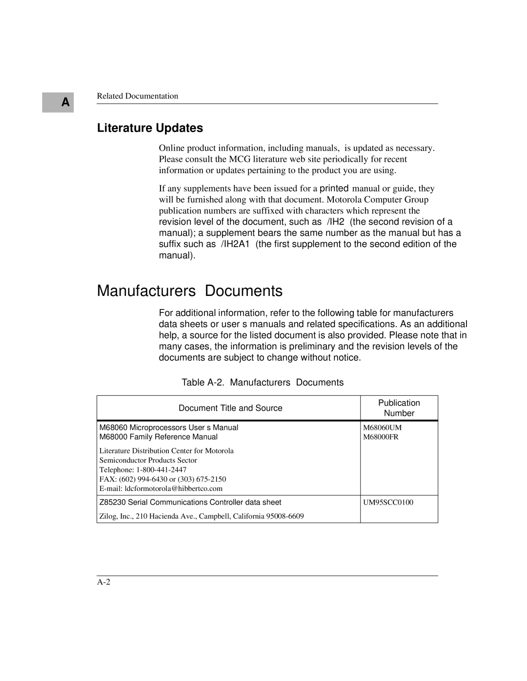 Motorola MVME172 manual Literature Updates, Table A-2. Manufacturers’ Documents 