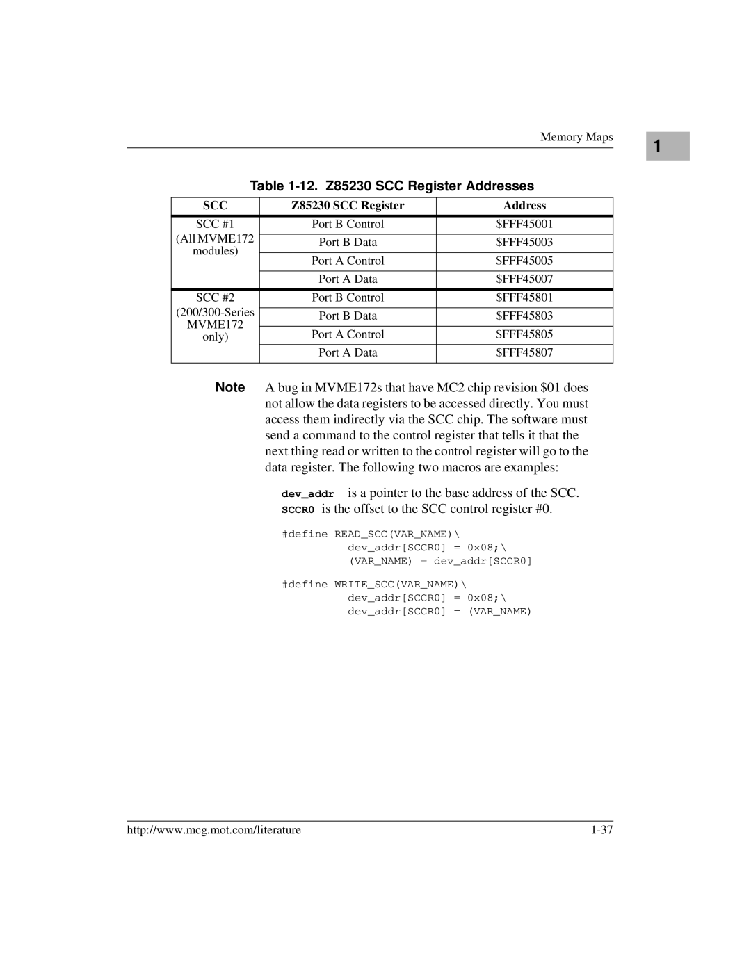 Motorola MVME172 manual 12. Z85230 SCC Register Addresses 